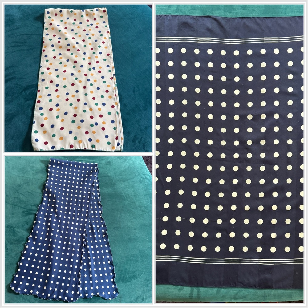 Vintage Polka Dot Scarf Bundle Navy Blue White Cream Multi Color Lot of 3
